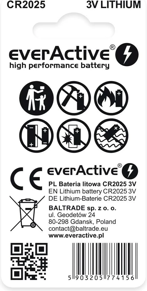 Baterija litij everActive CR2025, 2 kosa, srebrna