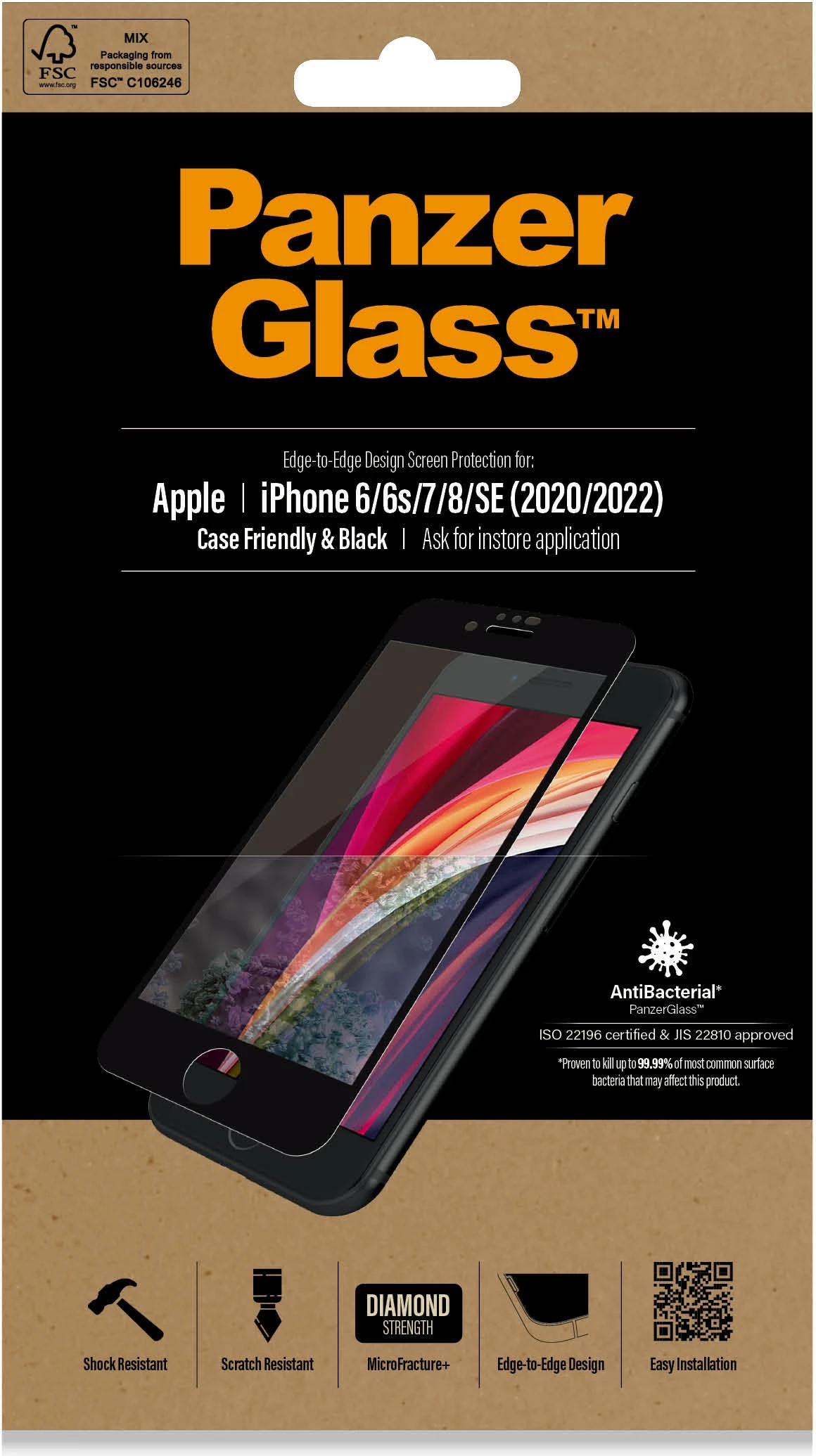 Zaščitno steklo PanzerGlass za iPhone 6/7/8/SE 2020/2022, prozorno, črn okvir