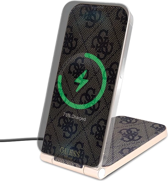 Indukcijski polnilec 2‑v‑1 z vzorcem Guess MagSafe, 15 W, zložljiv, rjav