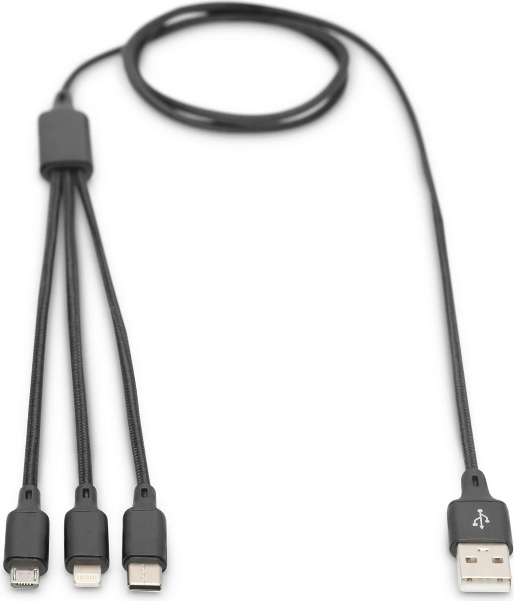 3-v-1 kabel za polnjenje Digitus, 1 m, USB A, USB C, črn
