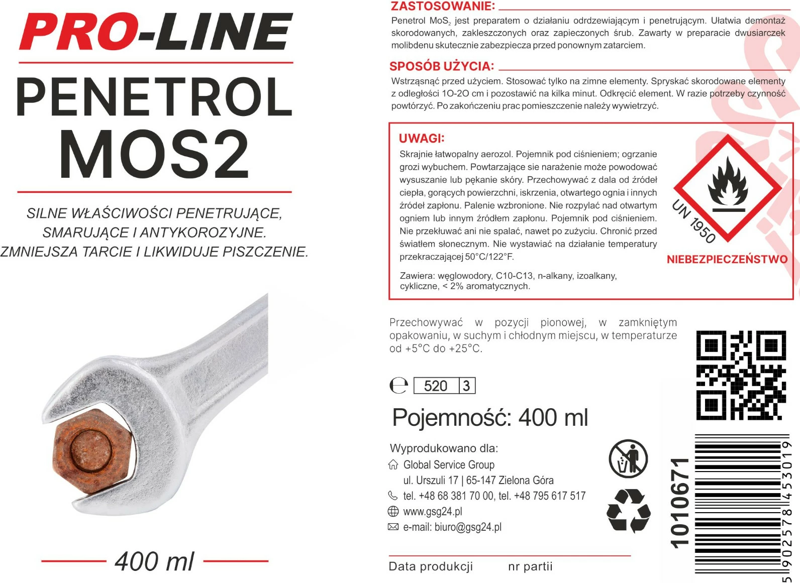 Razpršilec za odstranjevanje rje Pro-Line PENETROL MoS2, 400 ml