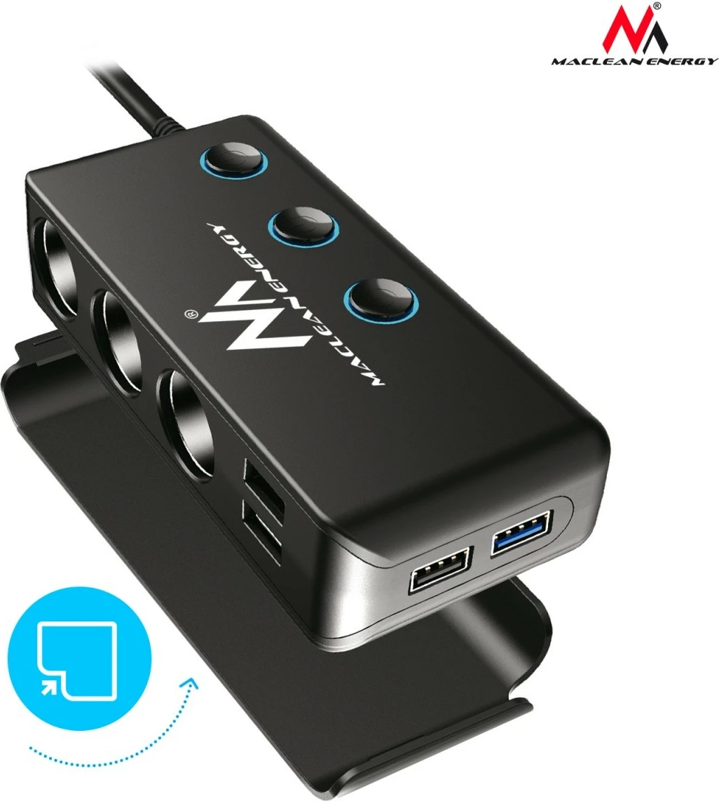 Razdelilec vtičnice cigaretnega vžigalnika Maclean MCE218, 4 vtičnice, 4×USB + USB-C, črn