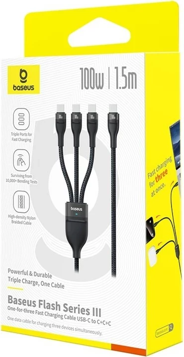 Kabel za hitro polnjenje Baseus Flash Series Type-C na C+C+C, 480 Mbps, 1,5 m, črn