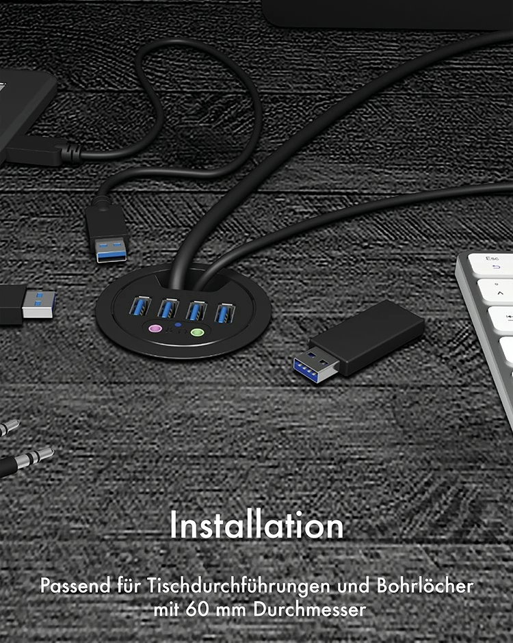 USB hub, 4 porta USB 3.0, audio in/out, plastika, črn - ICY BOX IB-HUB1403A