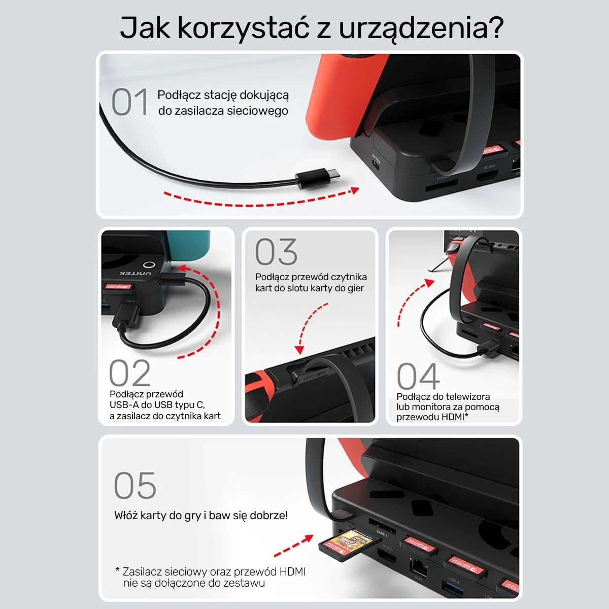 Stojalo za Nintendo Switch Unitek, 100W 4K, črno