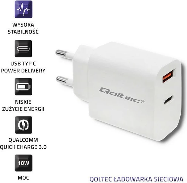 Stenski polnilec 18 W Qoltec 51714, USB Type‑C PD in USB QC 3.0, bel
