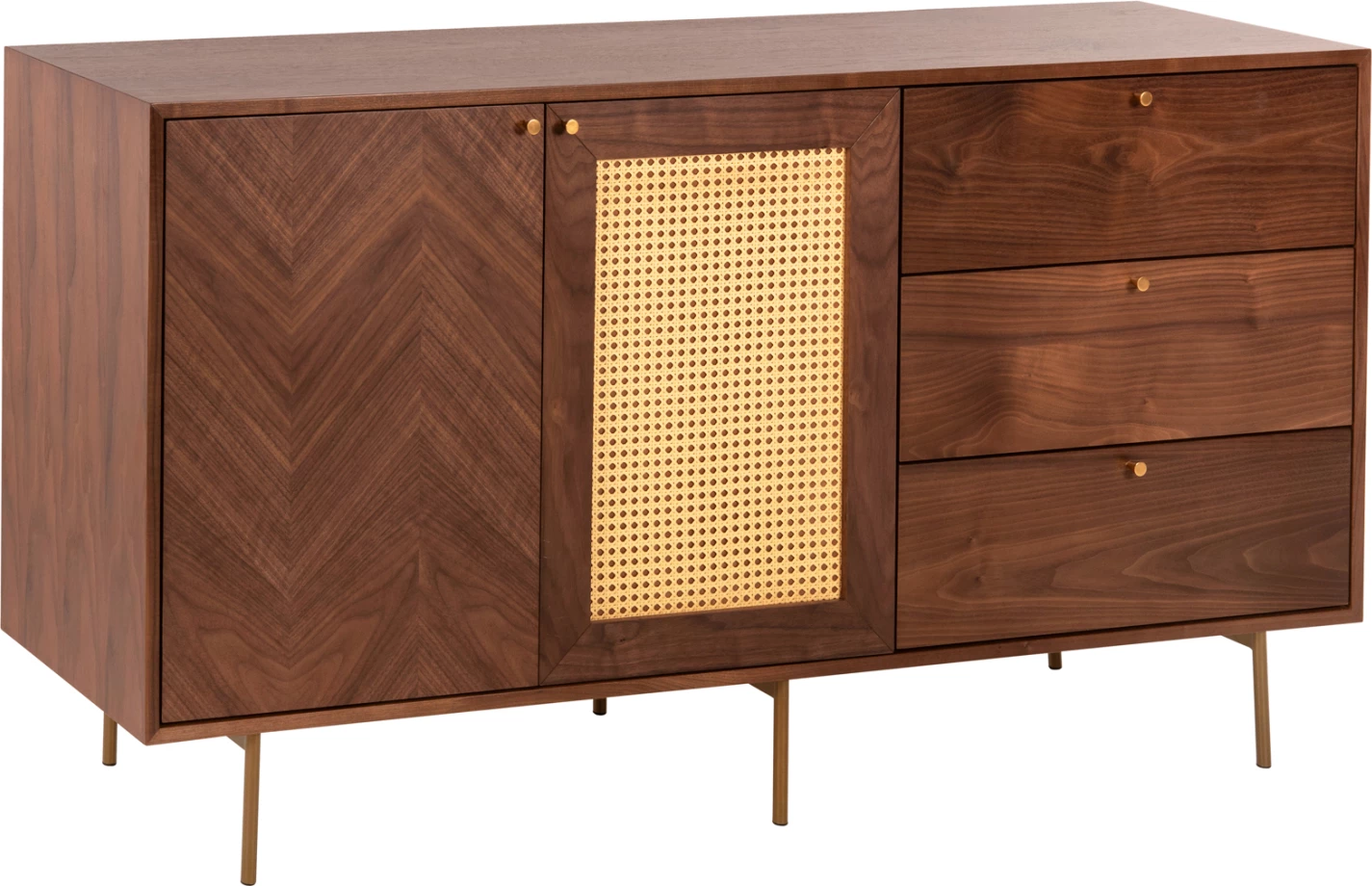 Bife MEEN FH9735 MDF z naravnim orehovim furnirjem-zlate kovinske noge 150x40x80Hcm