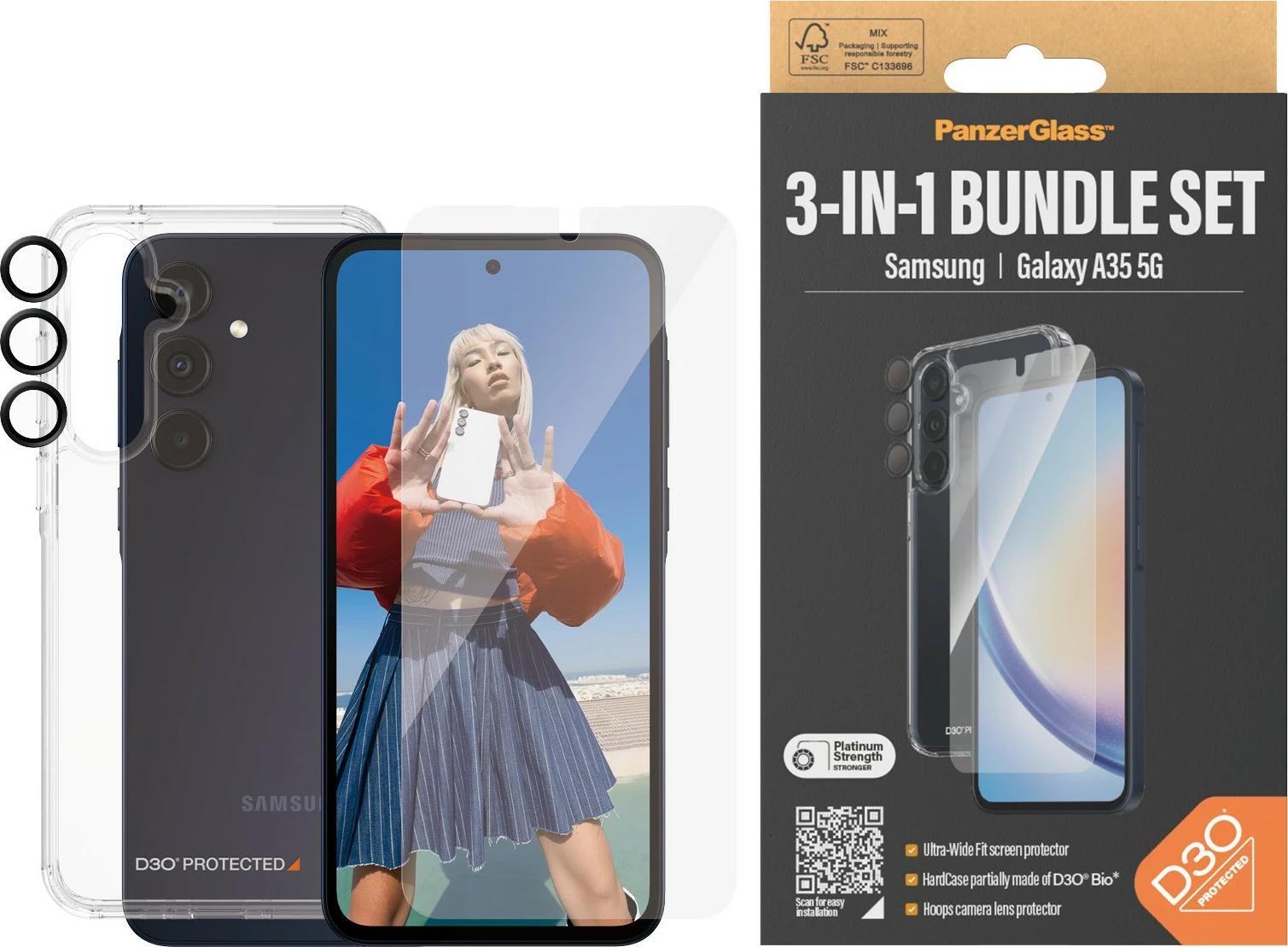 Prozoren komplet zaščite 3-v-1 za Samsung Galaxy A35 5G, PanzerGlass
