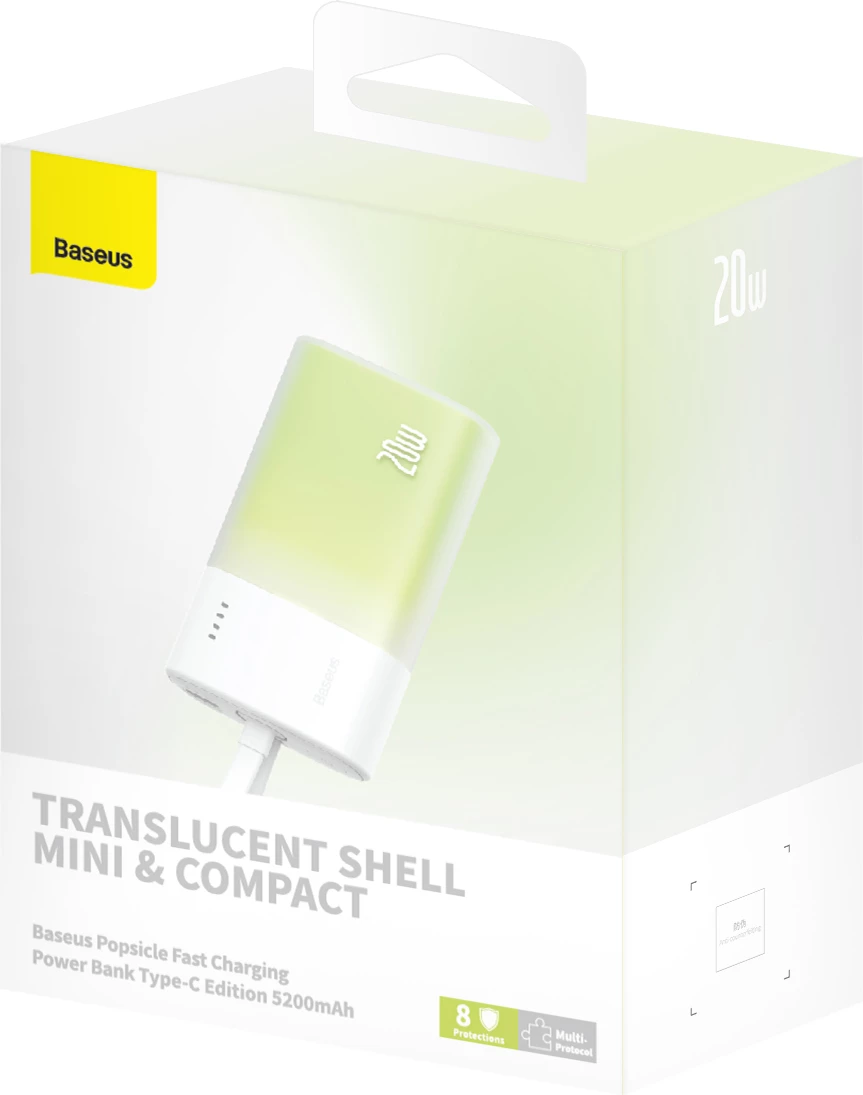 Powerbank zunanji polnilec Baseus Popsicle 5200 mAh, 20W, z vgrajenim Lightning kablom + USB-C na USB-C kablom 60W, bela-zelena