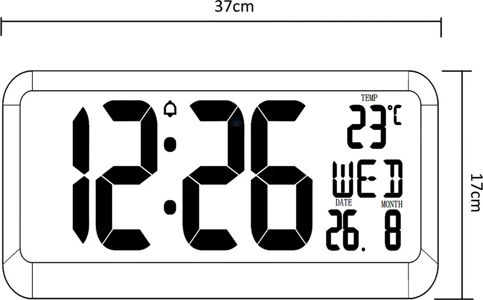 Velik digitalni zidni/namizni časomer Maclean GB214, s temperaturnim senzorjem, 37x17 cm, črn