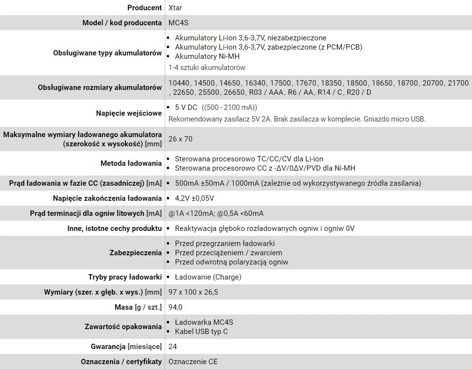 Polnilec baterij XTAR MC4S, za cilindrične Li-ion 18650/NiMH, črn