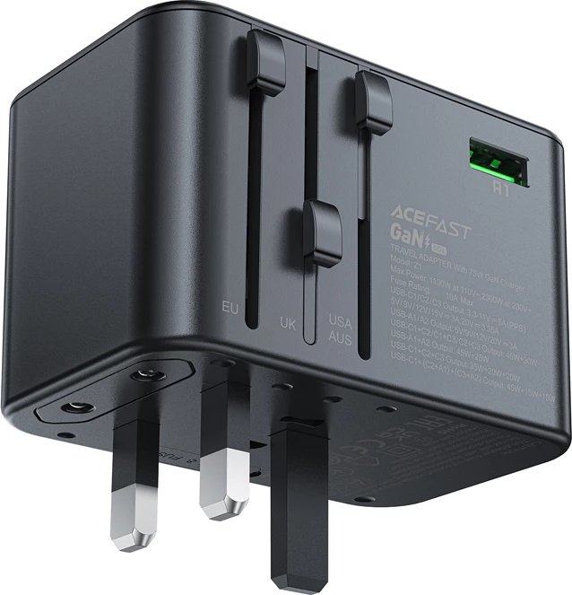 Potovalni polnilec Acefast Z1 GaN, 75 W, 3x USB-C, 2x USB-A, črn