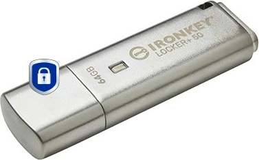 USB ključek za shranjevanje z varnostjo Kingston IronKey Locker+ 50, 64 GB, USB 3.2, šifriranje, srebrn