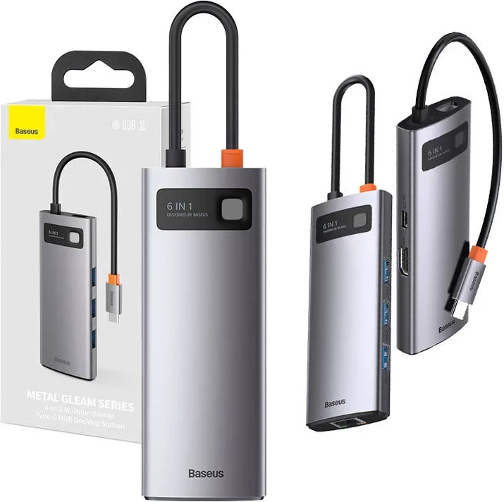 Večfunkcijski USB-C hub Baseus Metal Gleam Series CAHUB-CW0G, 6 v 1, 3x USB 3.0 + HDMI + USB-C PD + Ethernet RJ45, siv
