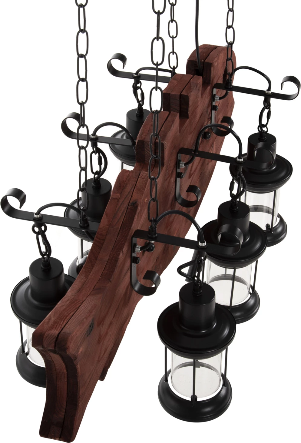 Stropna viseča svetilka s 6 lučmi FH4118 lesena riba-črna kovina-steklo 95x35x116H cm