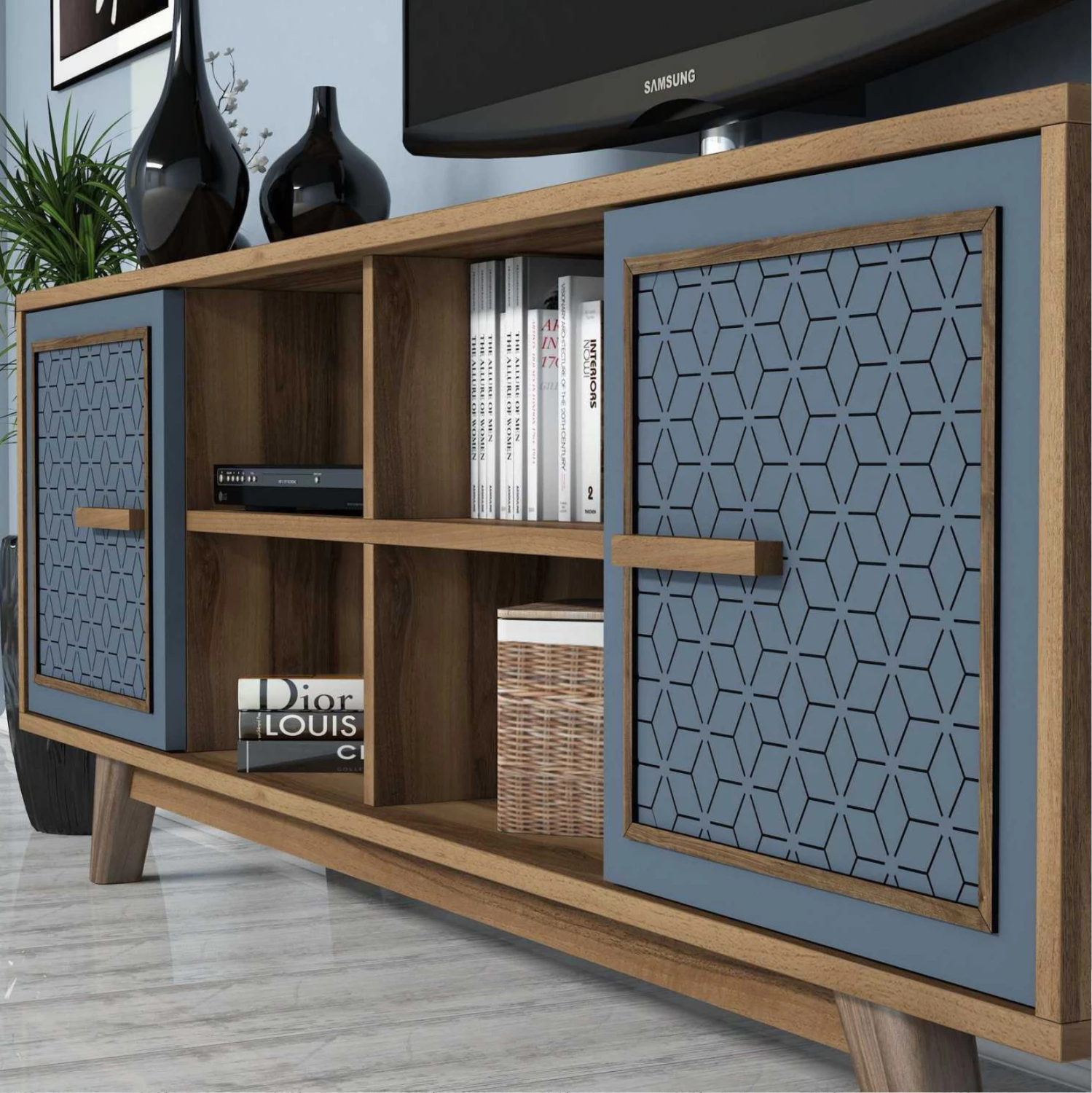 Komplet pohištva za TV FH9513.02 iz melamina v barvi oreha in modri barvi 160x35x56.2Hcm