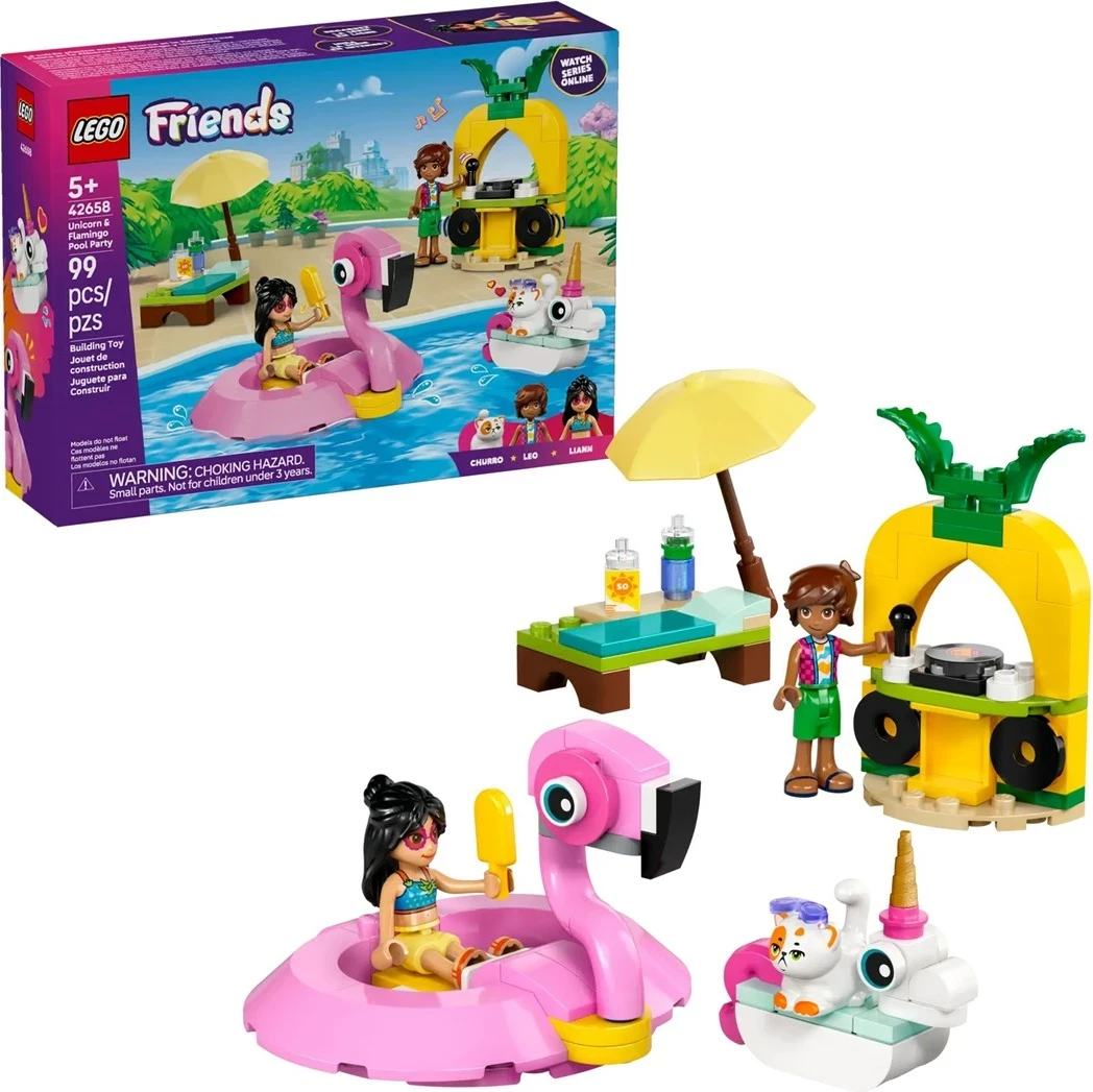 Set igrač za bazensko zabavo z enim samorogom in flamingom LEGO Friends 42658, 99 delov
