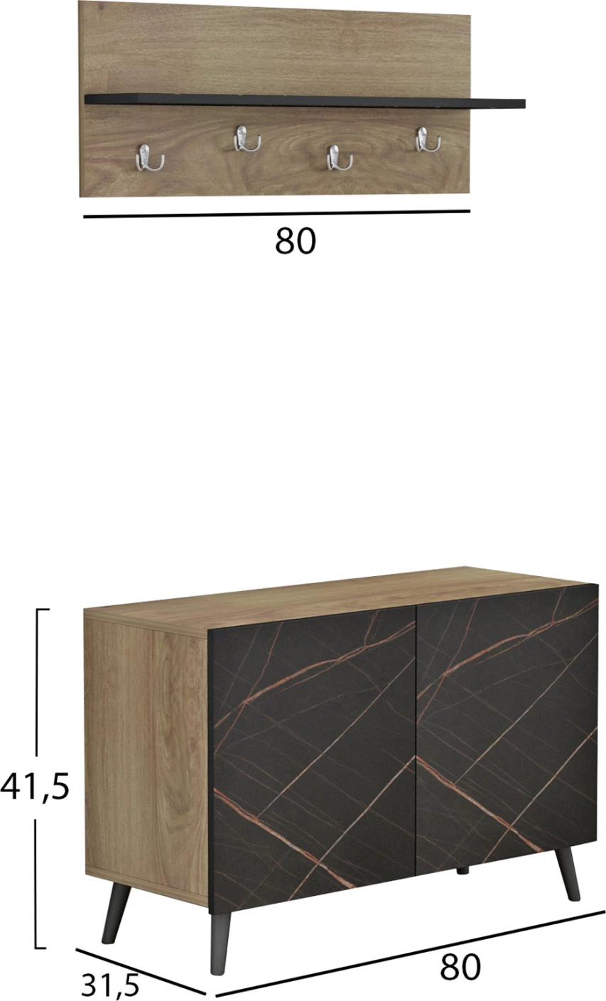 Komplet pohištva za predsobo DELPHINE FH8876.12 melamin v črnem marmorju-naravnem lesu 80x31,3x41,5Hcm