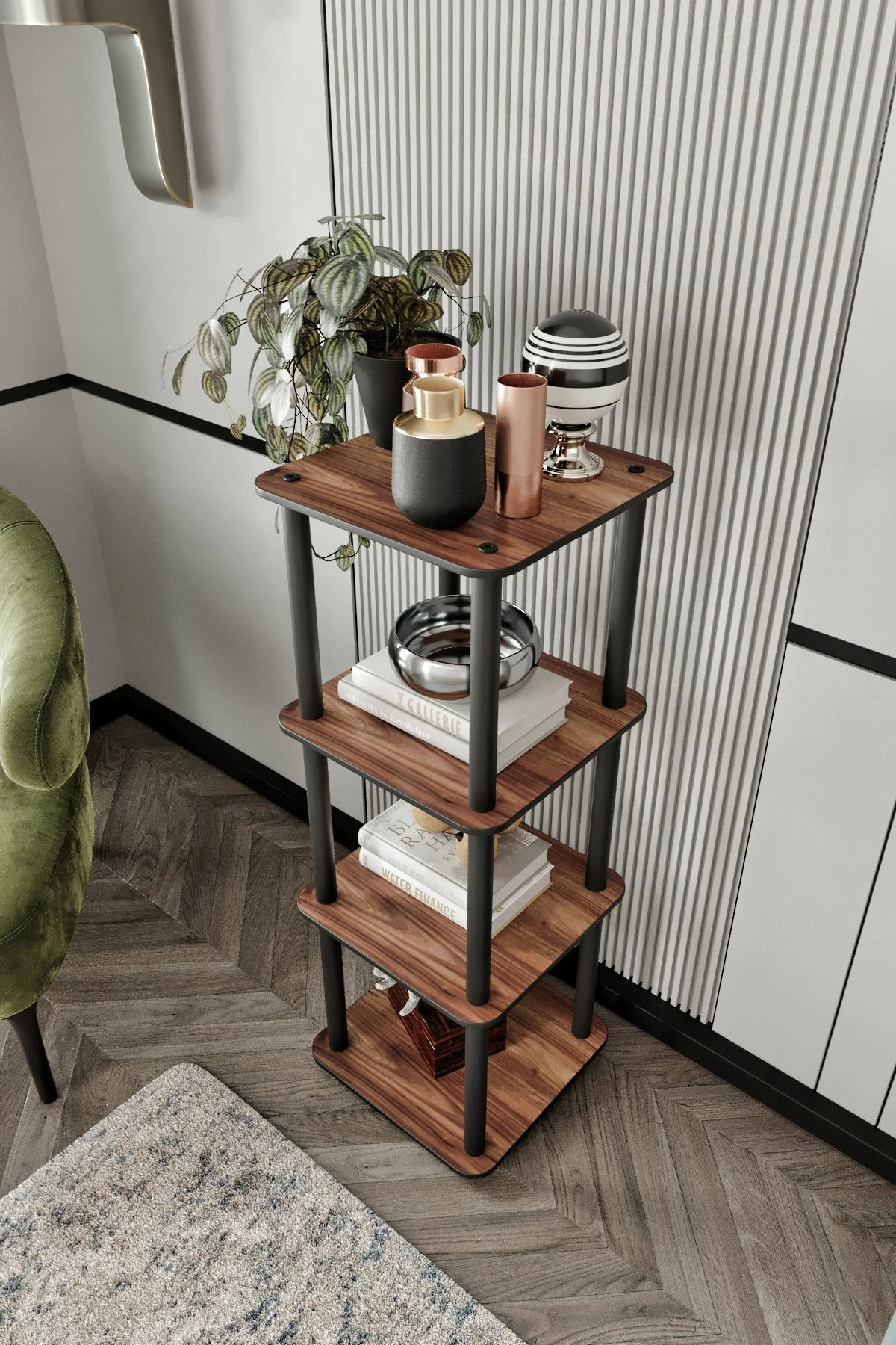 Knjižna polica, 4 nivoji, kvadratna, oreh Skye Decor