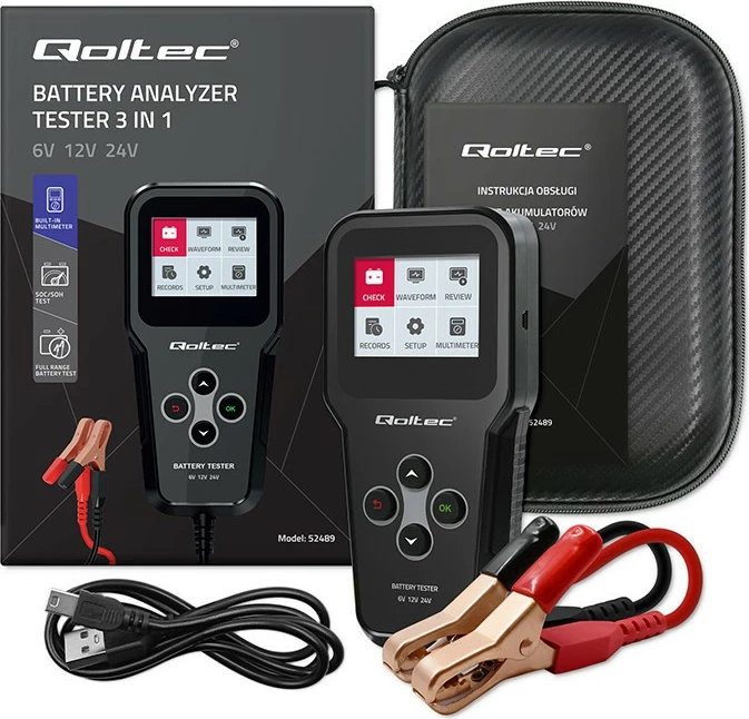 Tester akumulatorjev Qoltec 3-v-1, model 52489, LCD, 6V/12V/24V, črn, z etuijem