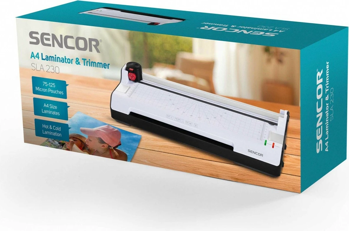 Kompakten laminator 2‑v‑1 Sencor SLA 230 A4, folija 2x75–2x125 µm, vroče/hladno, z giljotino, grafitno/bel