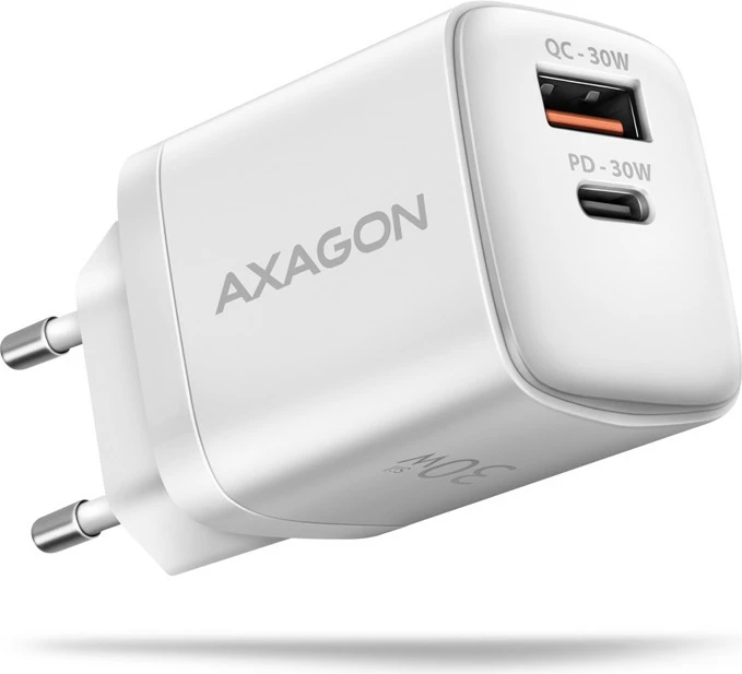 Stenski polnilec AXAGON ACU-PQ30W, 30W, 2 vrata USB-A in USB-C, bel