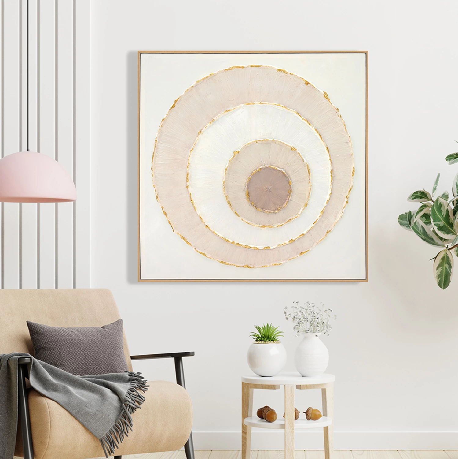 Stenska slika FH4559 z bež PS okvirjem - platneni krogi 82x4,5x82Hcm
