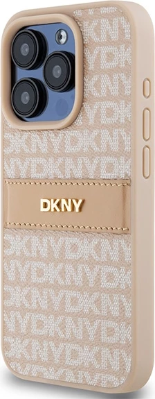 Ovitek za telefon z metalnim logotipom DKNY Mono Stripe za iPhone 15 Pro, roza