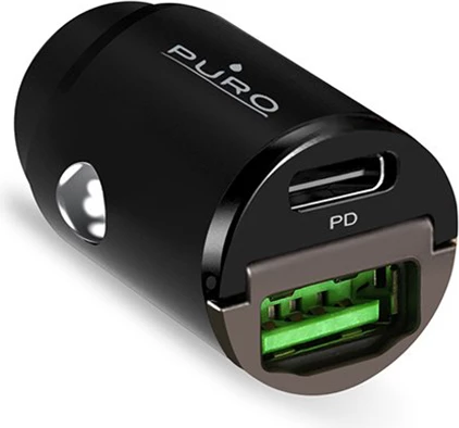 Mini hitro avto polnilec 30W, Puro, USB-C in USB-A, črn