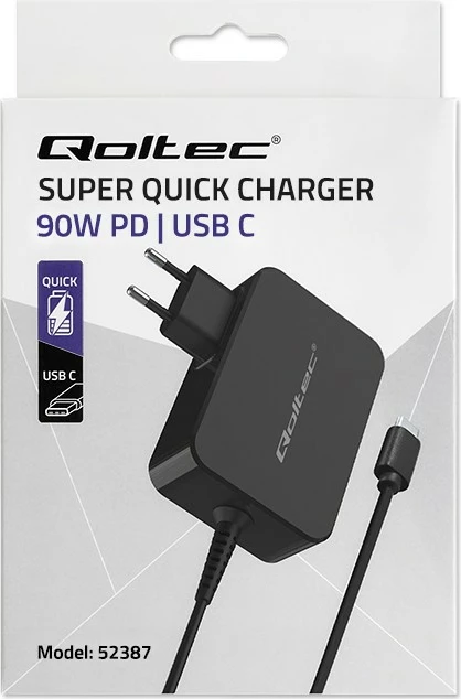 Stenski polnilec Qoltec GaN Power Pro 52387, 90 W, 1x USB-C, črn