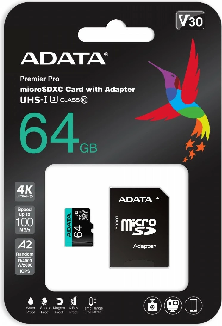 Pomnilniška kartica microSDXC, 64GB, Premier Pro Adata z adapterjem, UHS-I U3 V30 A2