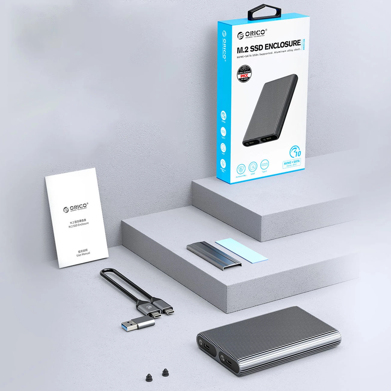 Ohišje za 2 M.2 NVMe diska Orico AM2C3-2N, USB-C 3.2, 10 Gb/s, siva