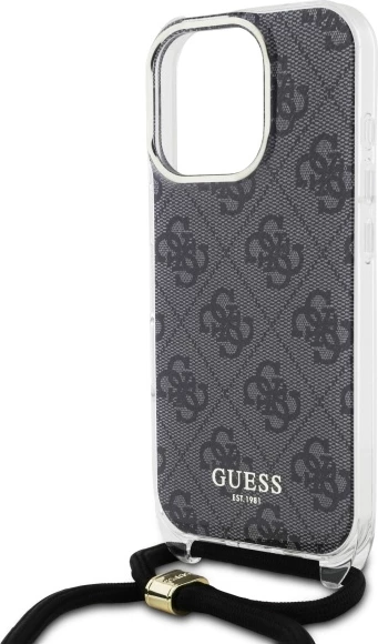 Elegantna zaščitna prevleka z crossbody trakom Guess Crossbody Cord 4G Print za iPhone 16 Pro Max, črna
