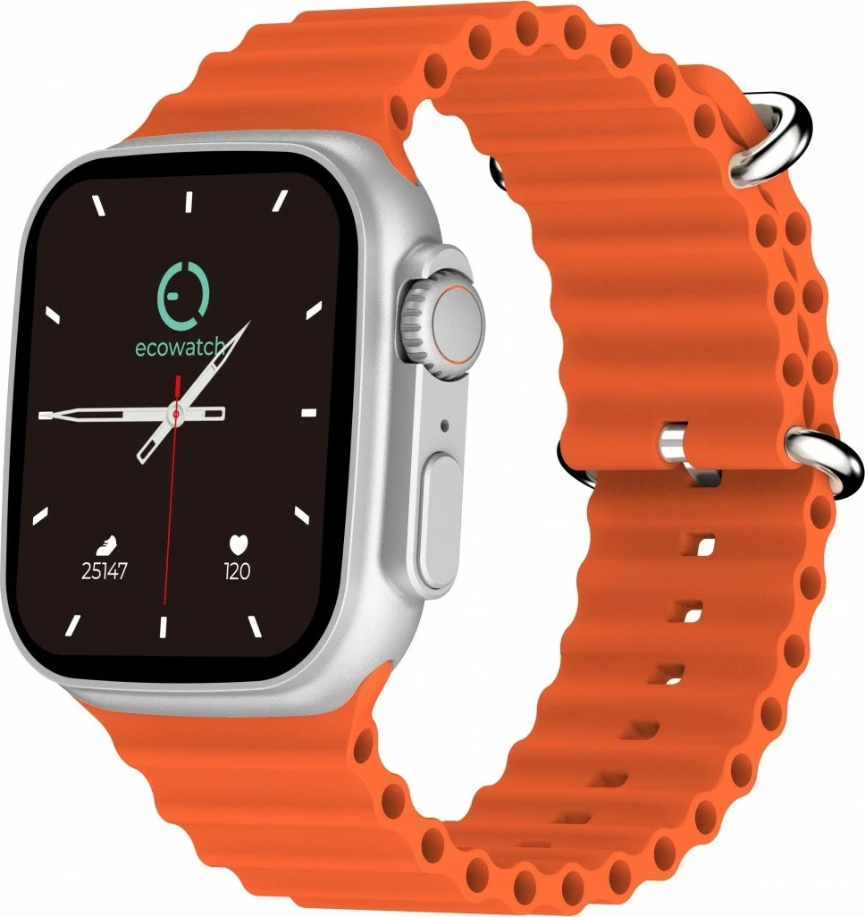 Pametna ura EcoWatch EW02, 1,91-palčni, Bluetooth, srebrna z oranžnim paščkom, komplet z 2 paščkoma