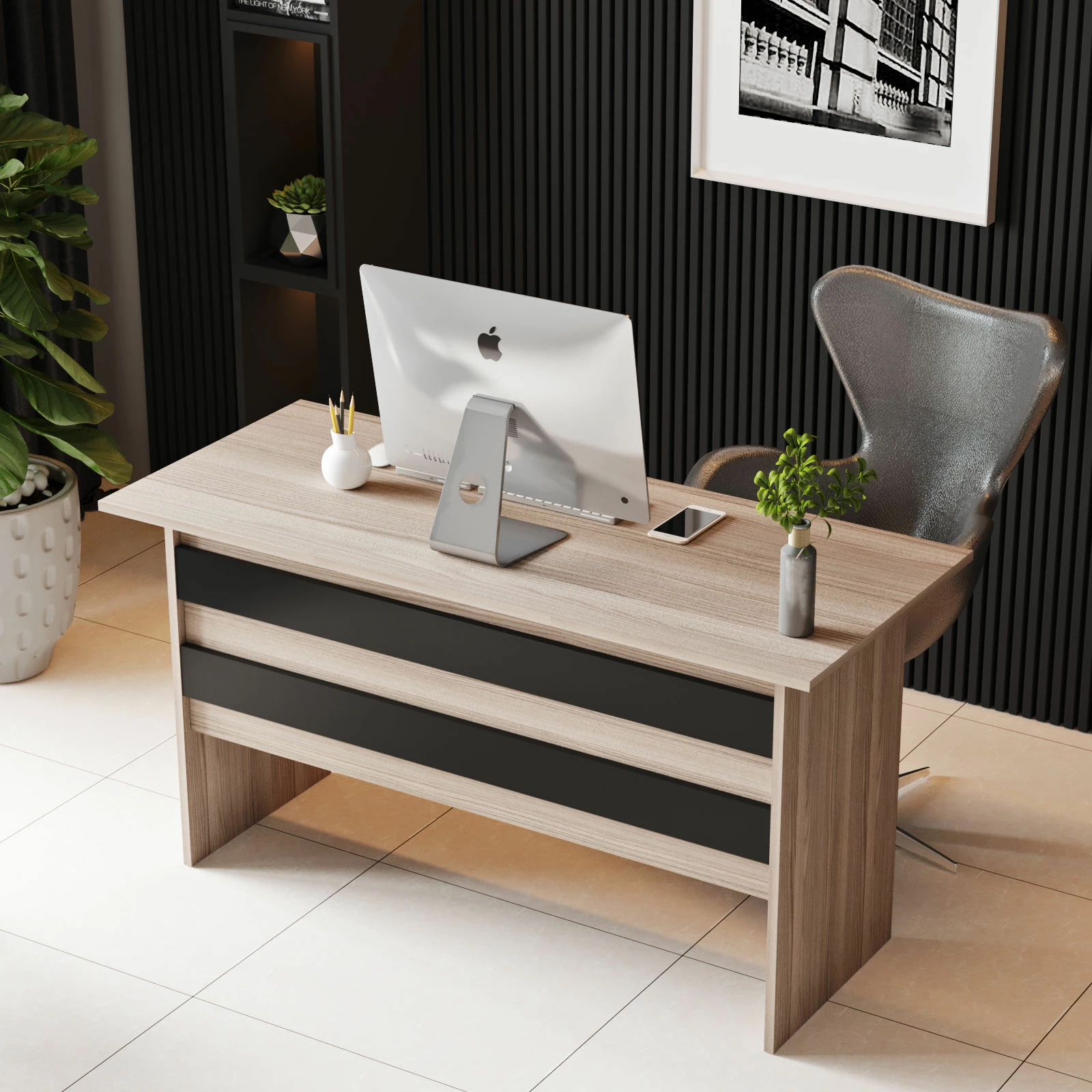 Set pisarniškega pohištva Hanah Home Vo16-Ob, hrast/črn