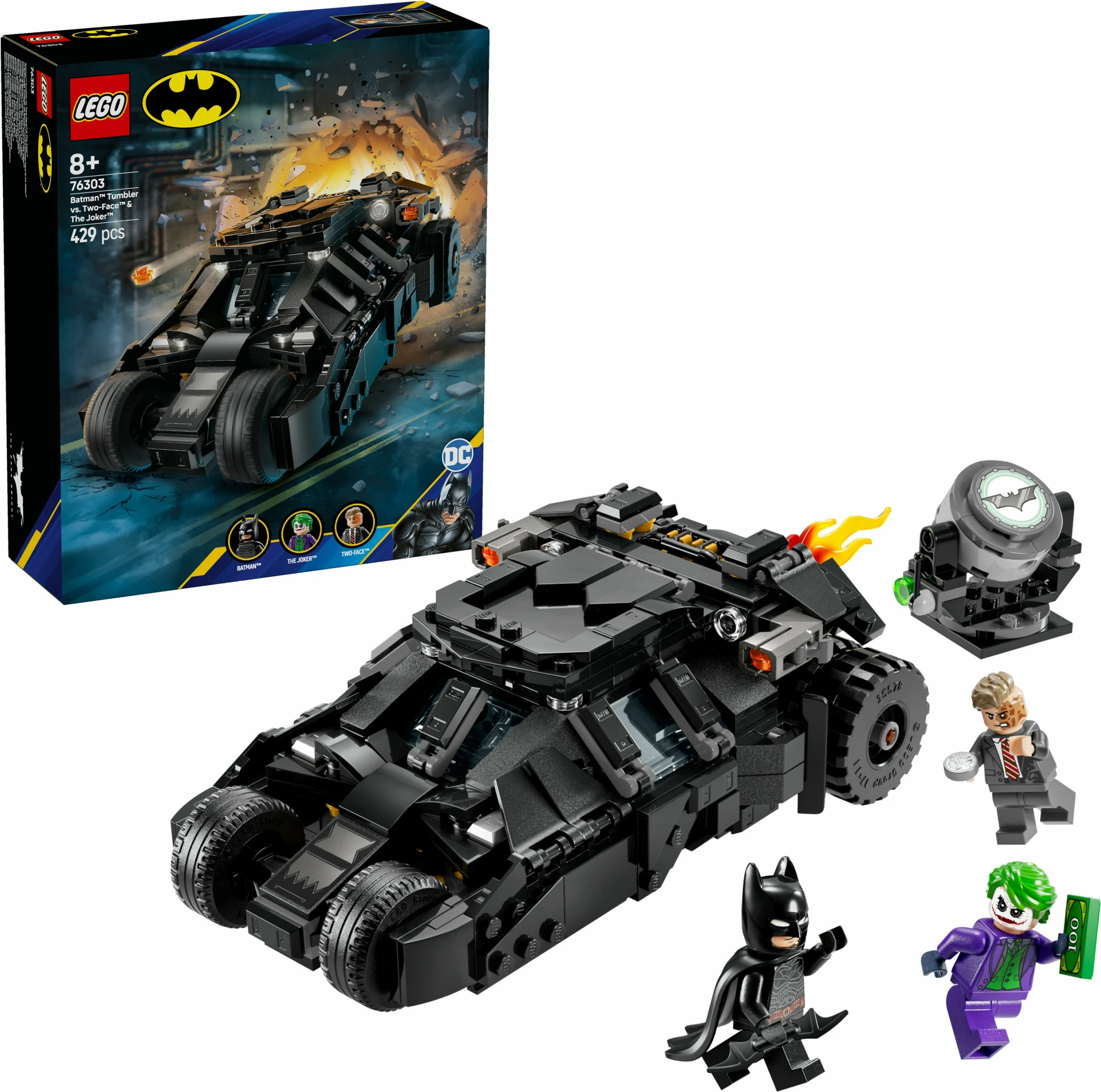 Gradbeni set LEGO DC Super Heroes 76303 Batman Tumbler proti Two-Face & Joker, 429 kosov, večbarven