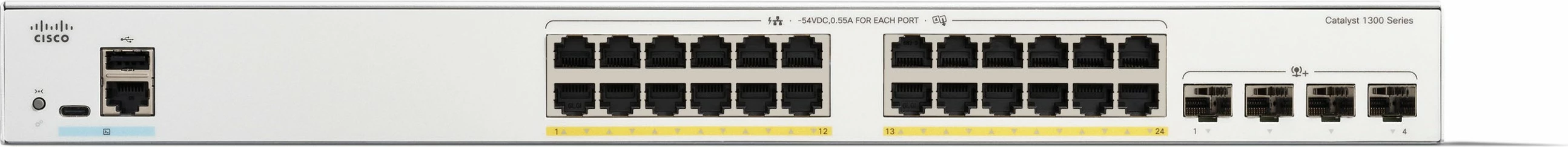 Upravljiv preklopnik z 24 GE porti in 4x10GE SFP+ Cisco Catalyst 1300-24P-4X, PoE, bel