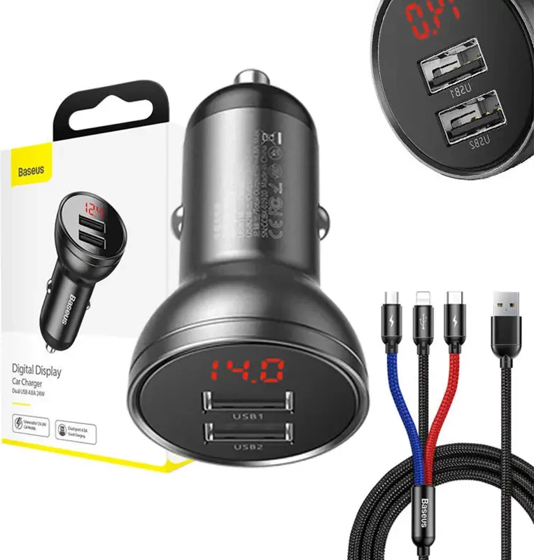 Polnilec za avto Baseus TZCCBX-0G, 24 W, z zaslonom, 2x USB-A, kabel 3-v-1, 1,2 m, srebrn