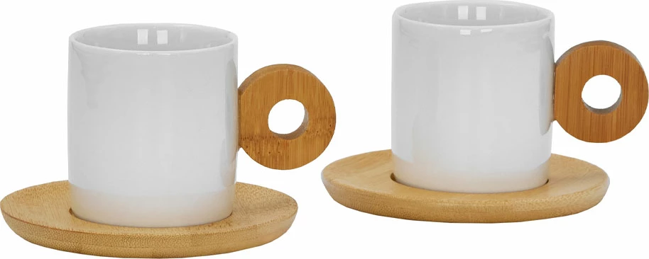 Set 2 skodelic, bel porcelan, naravni bambus, 20x14x7 cm Nordic