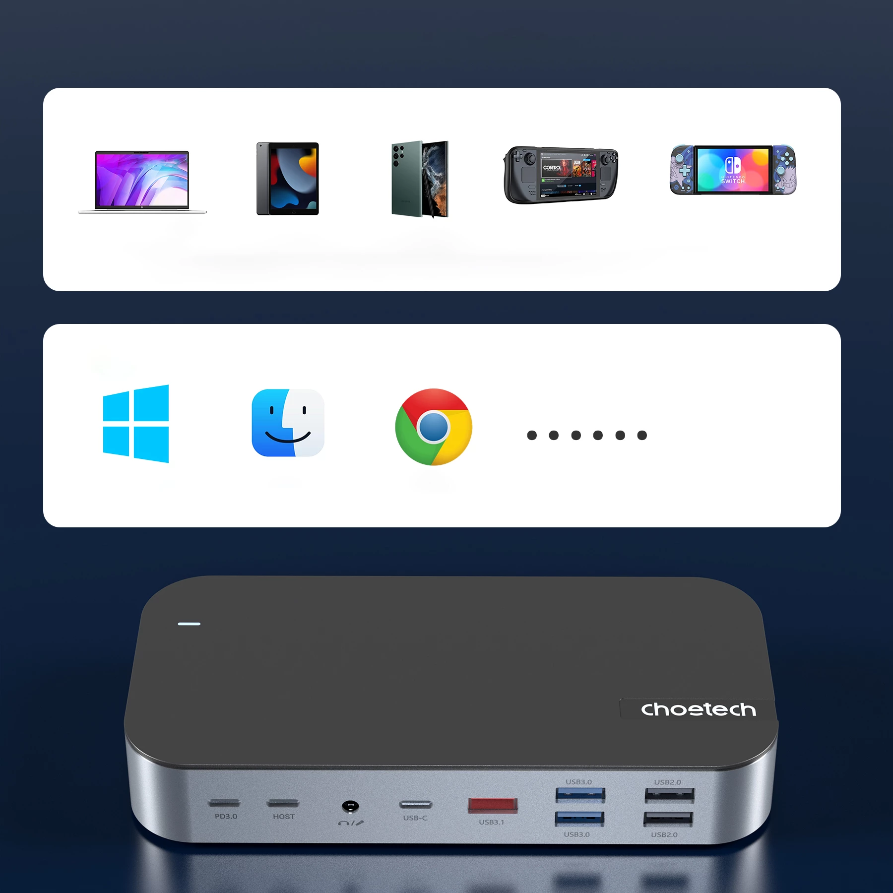 Večfunkcijski HUB Choetech HUB-M52, USB-C, HDMI, VGA, DP, SD, RJ45, siva