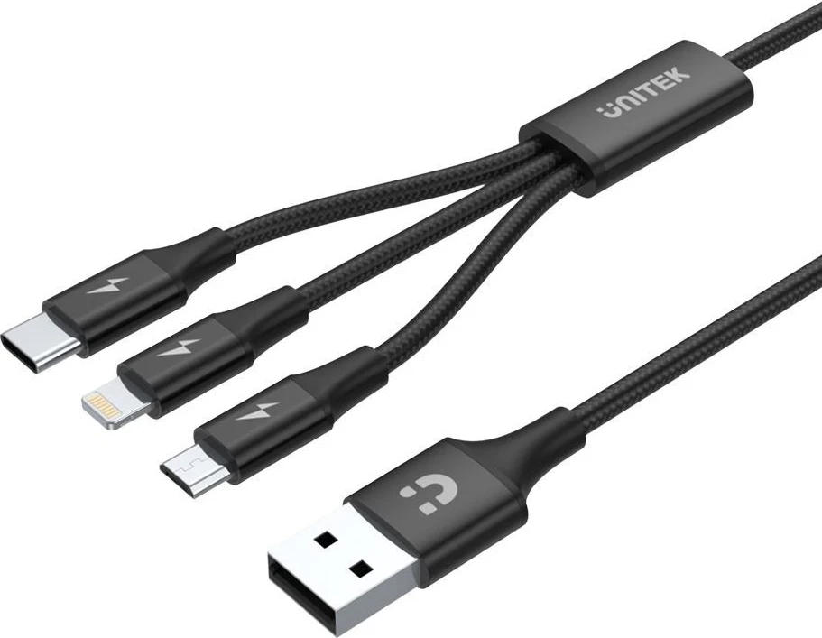 Univerzalni kabel za polnjenje in sinhronizacijo Unitek C14049BK, USB 2.0 / USB-C / Micro-USB, 1,2 m, črn