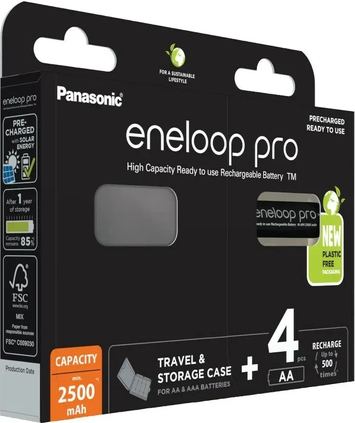Polnilne baterije Eneloop Pro AA 2500 mAh, 4 kosa s škatlo, črne (Panasonic)