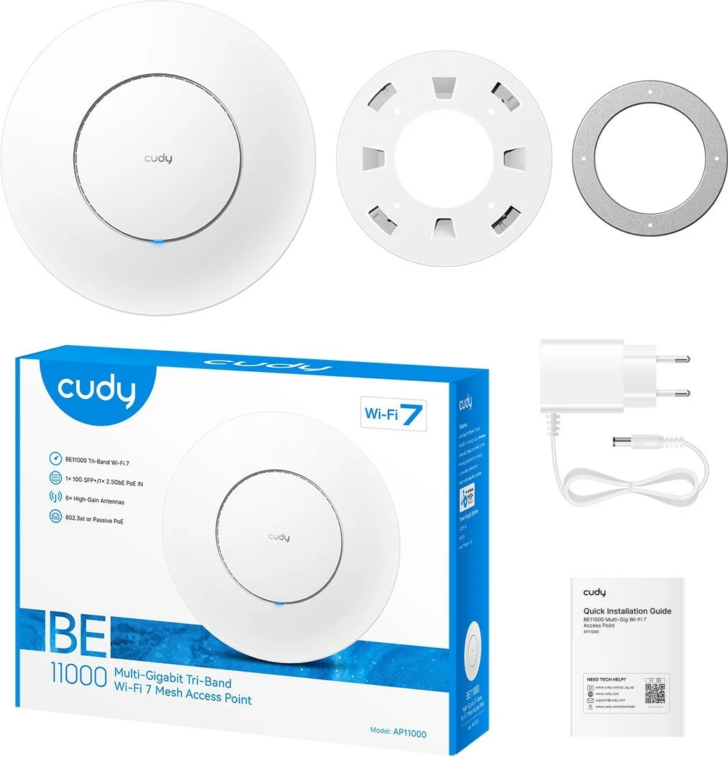 Tri‑band dostopna točka Wi‑Fi 7, Cudy AP11000 BE11000, 2,5GbE PoE IN, 10G SFP+, bela