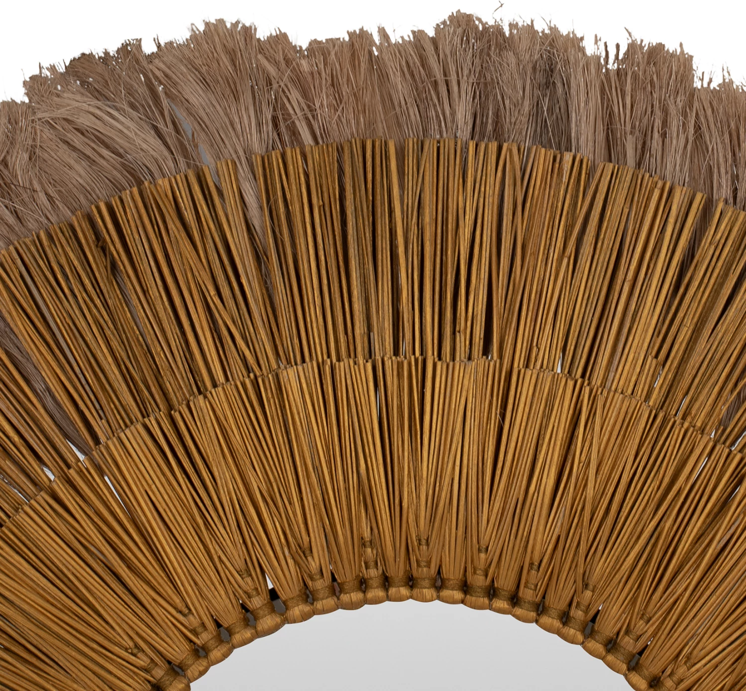 Okroglo stensko ogledalo iz Mendong trave in abaka vlaken v naravni in zlati barvi 80x4x80Hcm