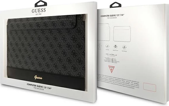 Ovitek za prenosnik do 14", 4G Stripe z metalnim logotipom, eko usnje, črn — Guess