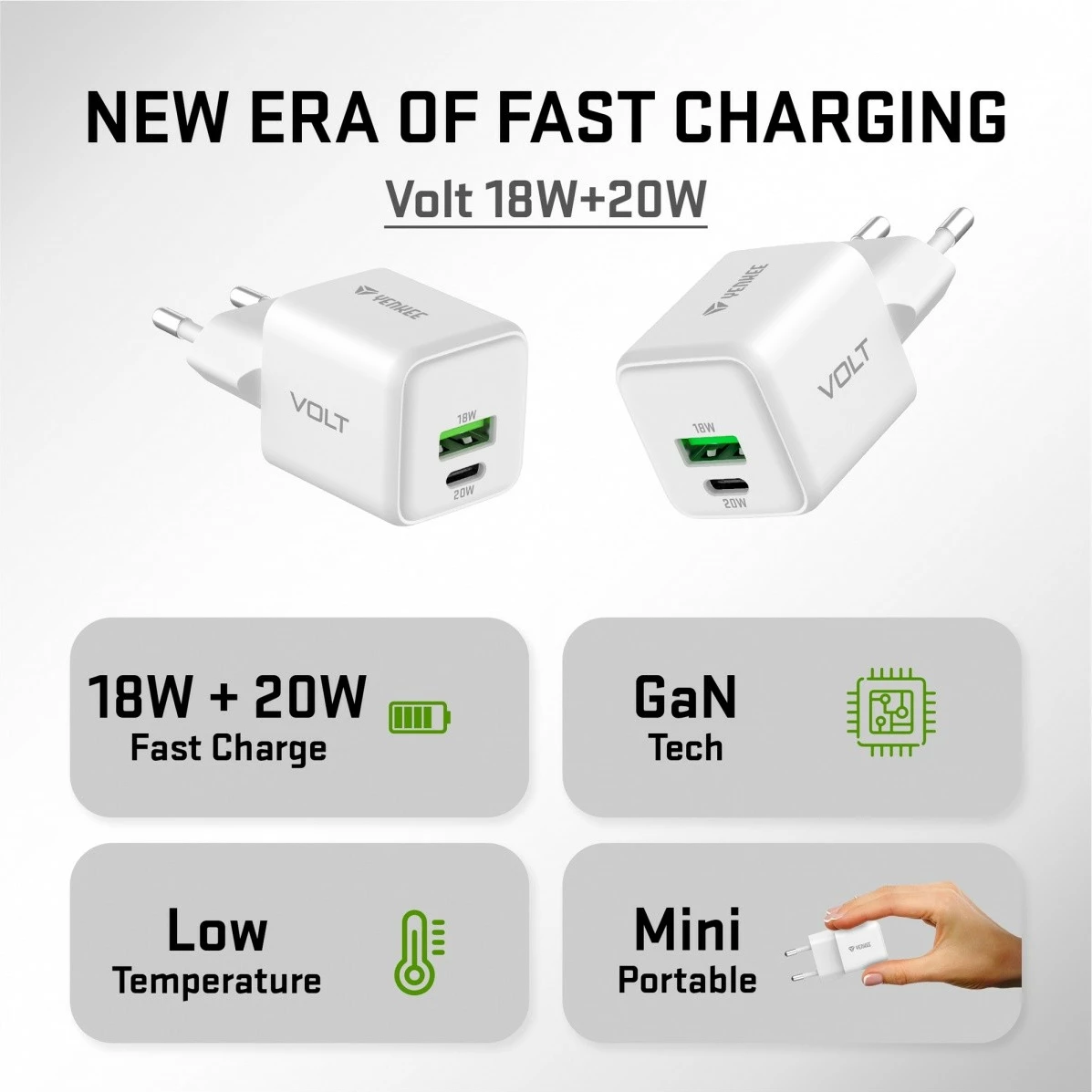 Stenski polnilec, 20 W, 2 USB vrata (USB-A + USB-C), bel, Yenkee YAC G38 VOLT