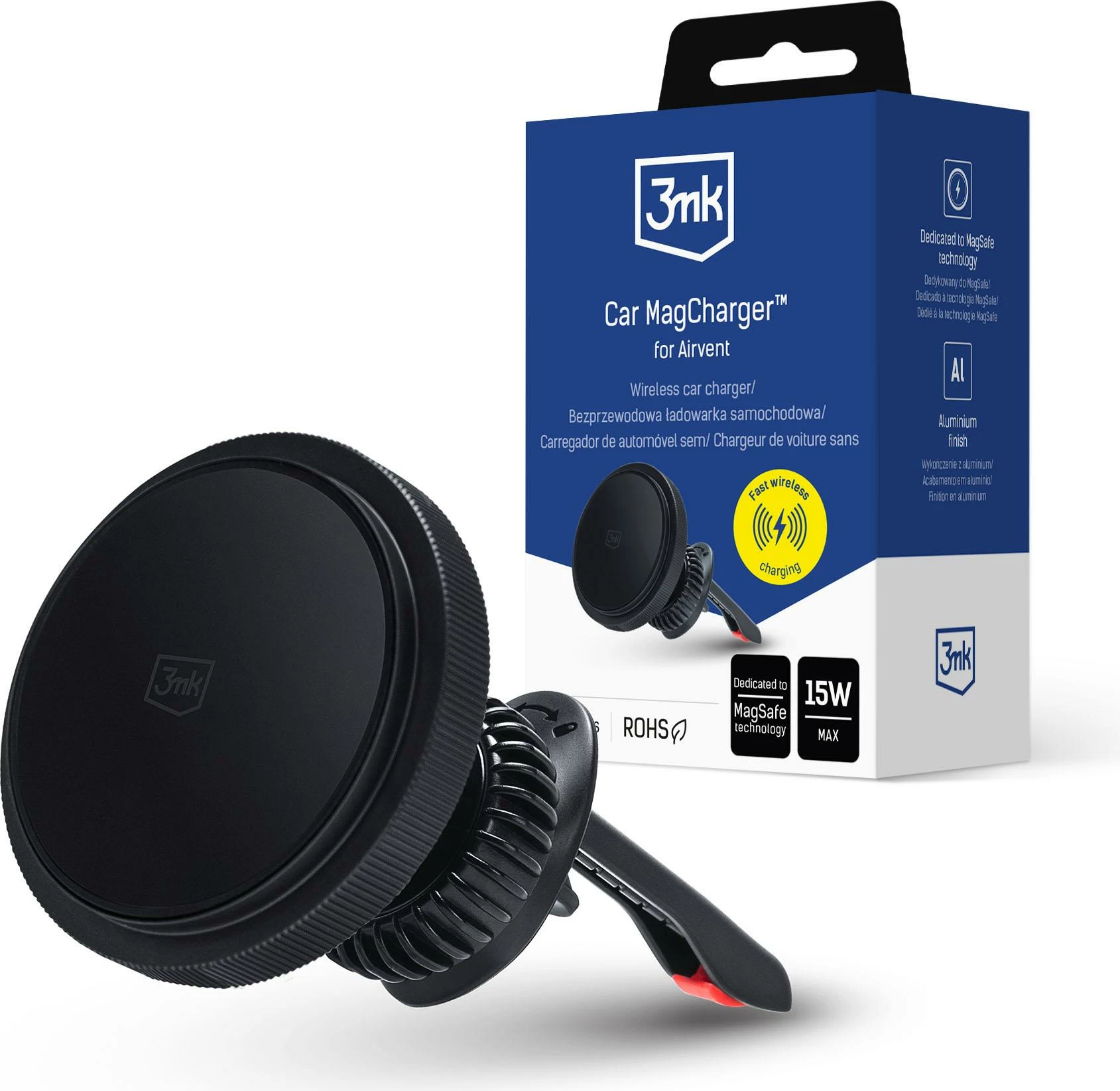 Magnetni nosilec in brezžični polnilec za avtomobil, 3mk Car MagCharger, za zračni ventil, črn