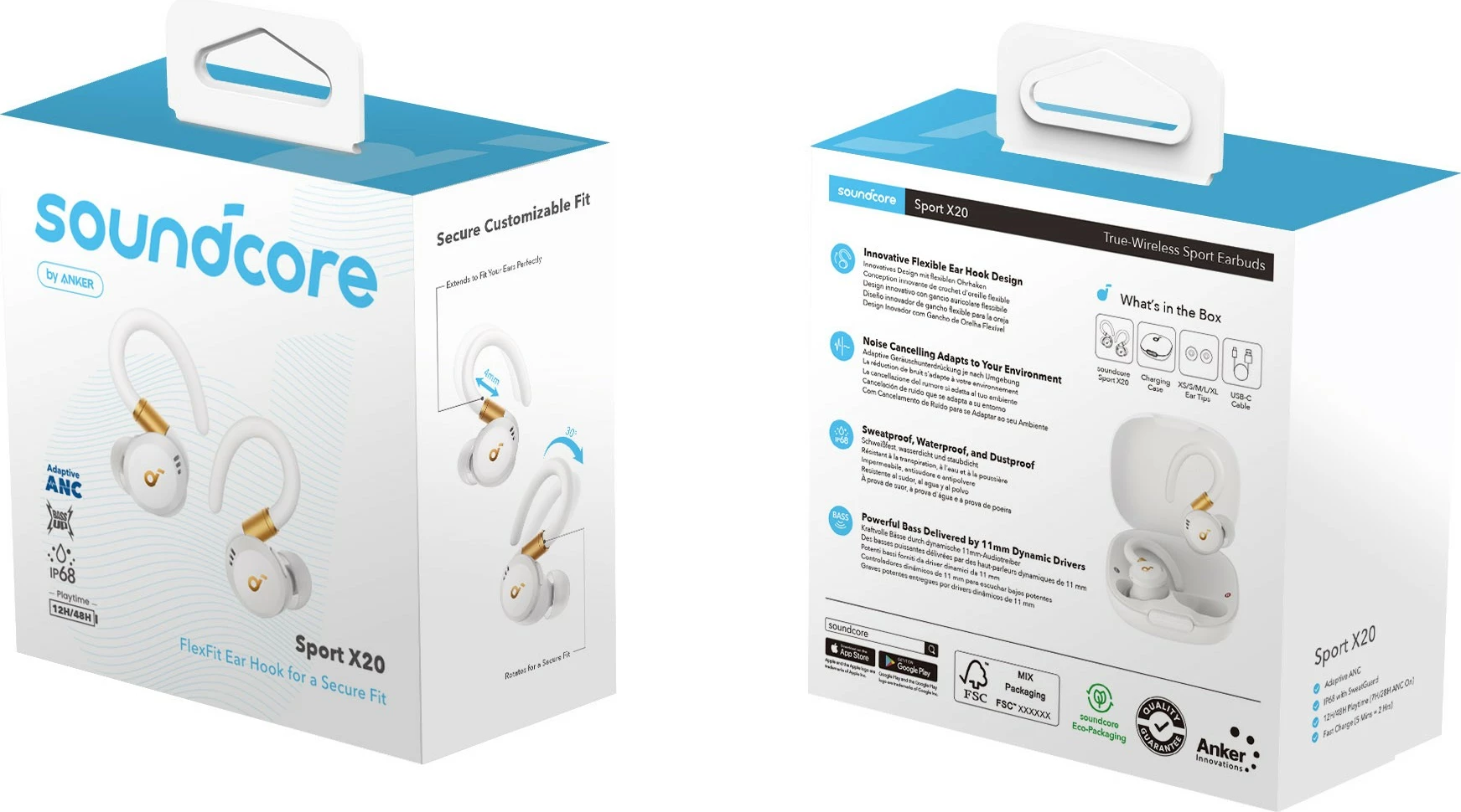 Konstrukcija športnih brezžičnih slušalk Soundcore Sport X20, Anker, bela