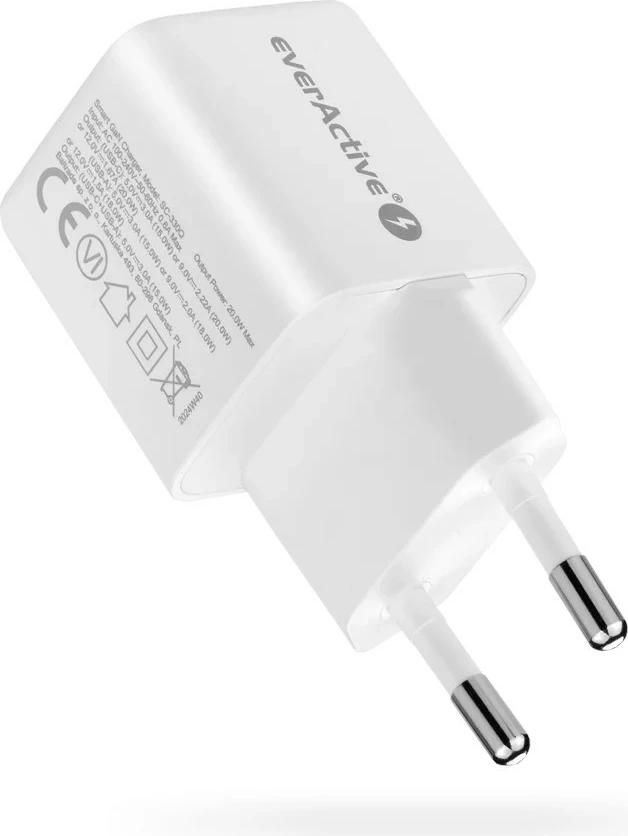 Polnilec GaN, 20 W, 1x USB, 1x USB-C, bel, everActive SC-330Q