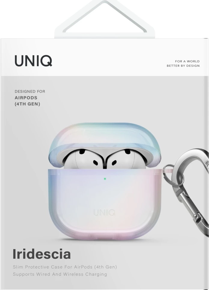 Holografski zaščitni ovoj za AirPods 4 UNIQ Iridescia, s karabino, Holo bela